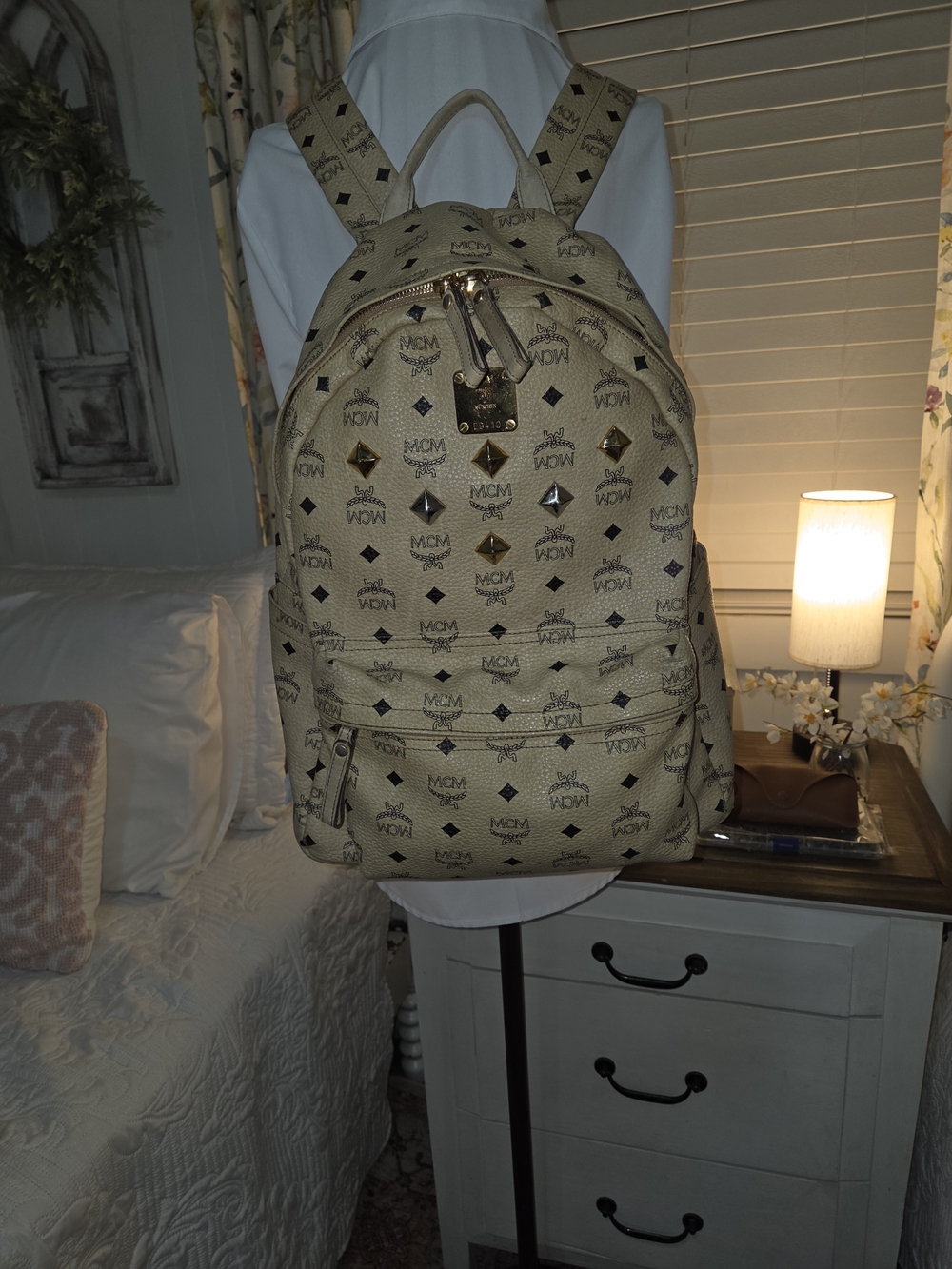 MCM Beige Monogram Studded Visetos Backpack